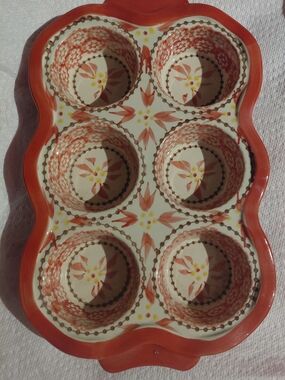Hand Painted Decorative & Baking Safe Red Ceramic 6-Cup Muffin Pan